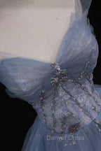 Blue Tulle A-Line Strapless Long Prom Dresses, Blue Evening Party Dresses