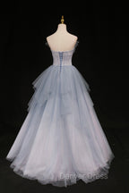 Blue Tulle A-Line Strapless Long Prom Dresses, Blue Evening Party Dresses