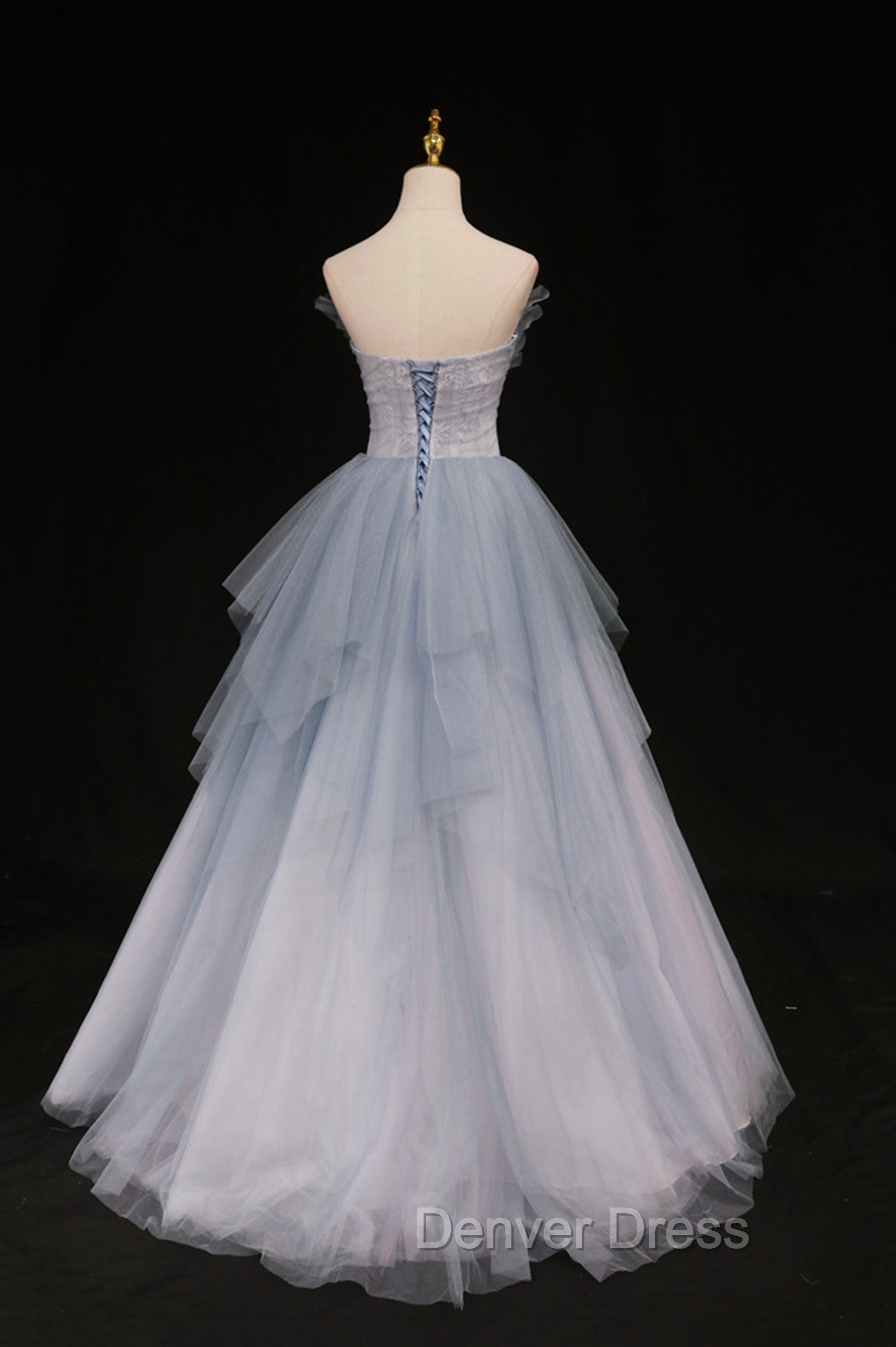 Blue Tulle A-Line Strapless Long Prom Dresses, Blue Evening Party Dresses