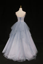 Blue Tulle A Line Strapless Long Prom Dress, Blue Prom Dresses