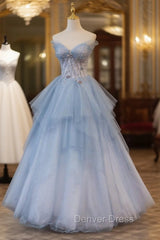 Blue Tulle A-Line Strapless Long Prom Dresses, Blue Evening Party Dresses