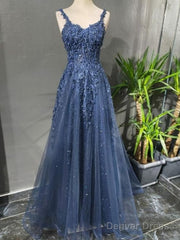 Blue Tulle Applique Long Evening Dress Formal Prom Dress
