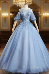Blue Tulle Appliques Beading Short Sleeve Quinceanera Dresses