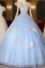 Blue Tulle Appliques Cap Sleeve Quinceanera Dresses