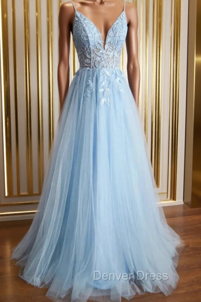 Blue Tulle Appliques Spaghetti Straps Prom Dresses