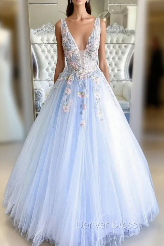 Blue Tulle Appliques V-neck Prom Dresses