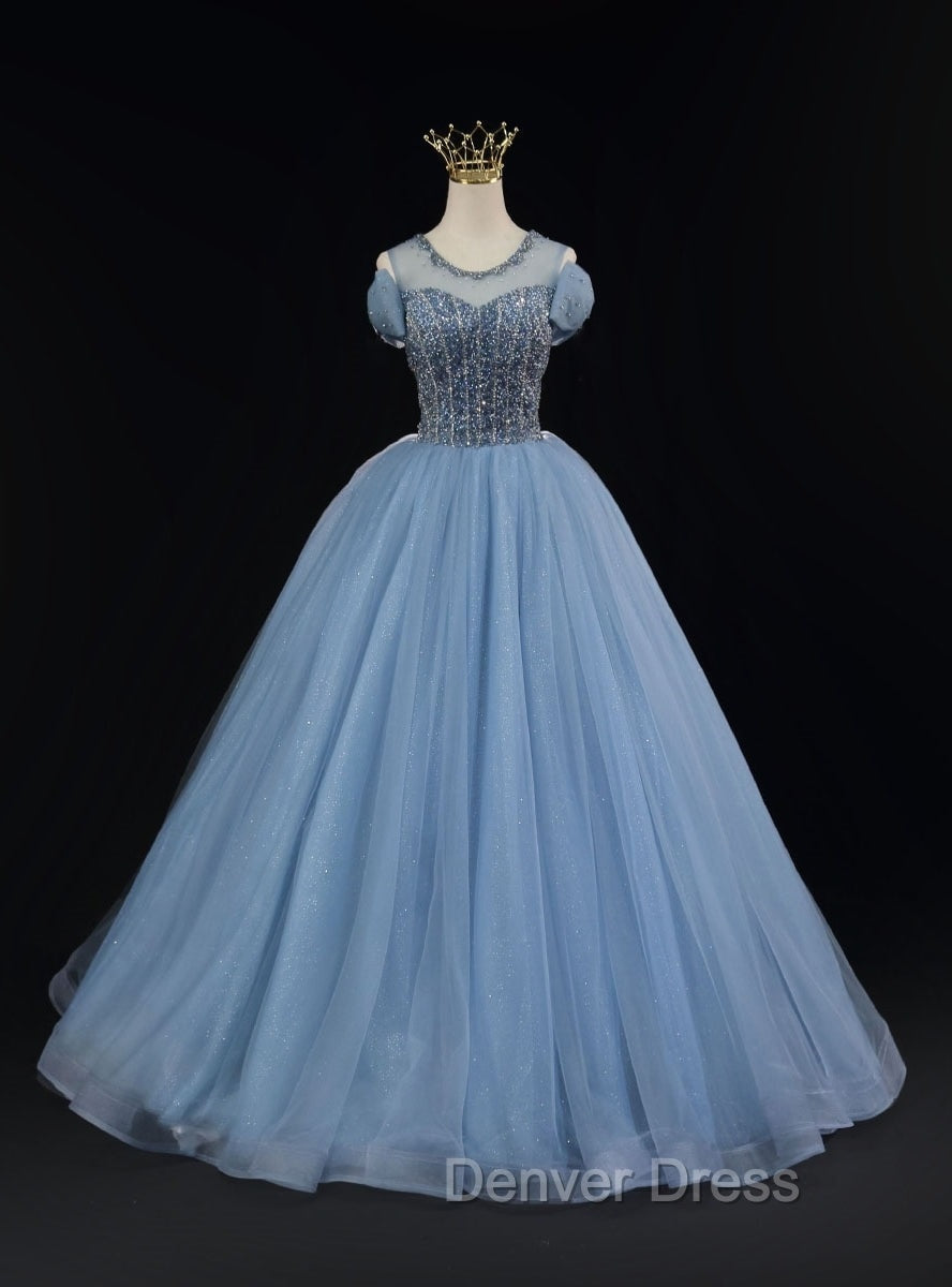 Blue Tulle Backless Beading Bow Prom Dresses Main image