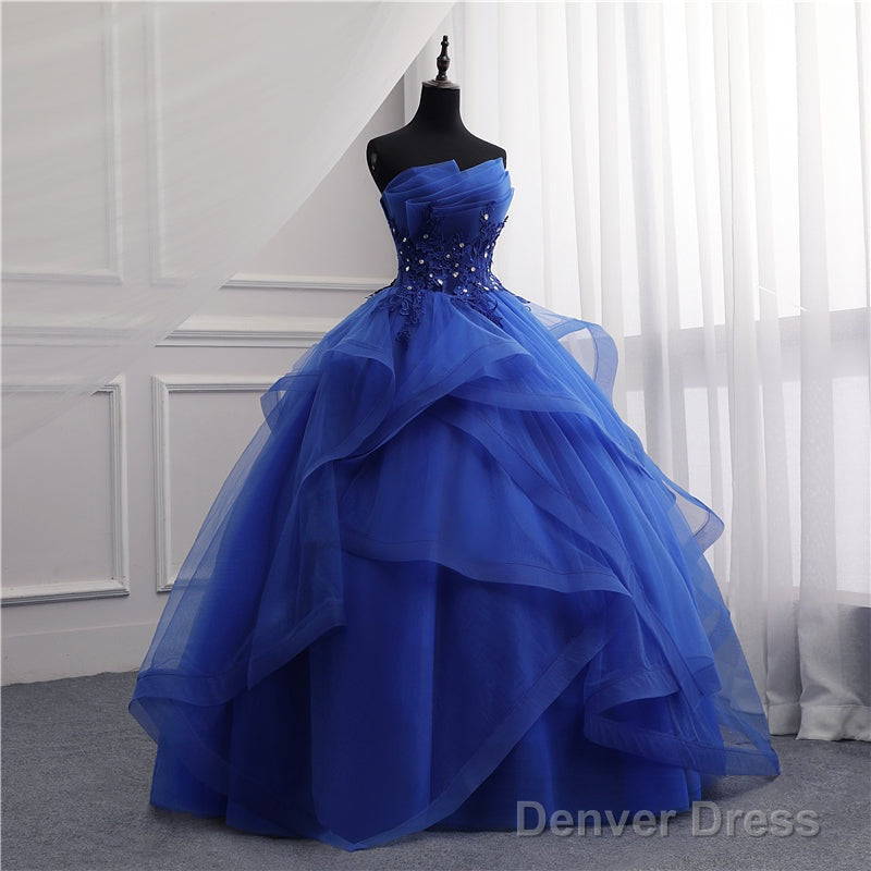 Blue Tulle Ball Gowns Lace Beaded Long Quinceanera Dress, Blue Sweet 16 Dress Wedding Prom Dresses