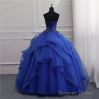 Blue Tulle Ball Gowns Lace Beaded Long Quinceanera Dress, Blue Sweet 16 Dress Wedding Prom Dresses