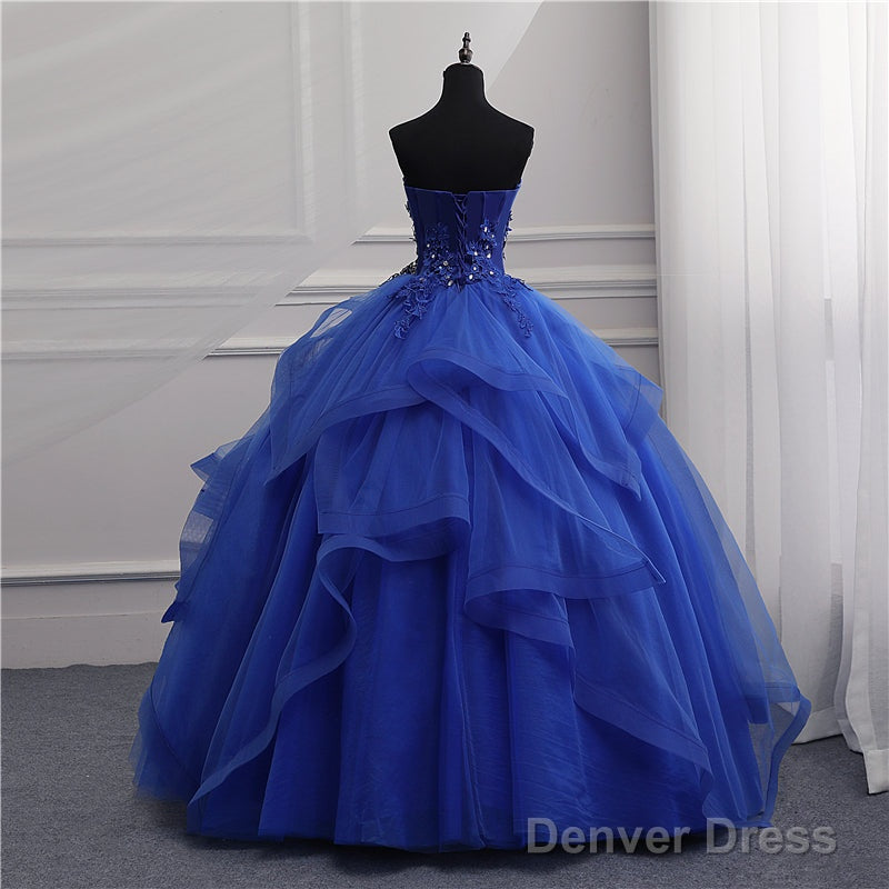Blue Tulle Ball Gowns Lace Beaded Long Quinceanera Dress, Blue Sweet 16 Dress Wedding Prom Dresses