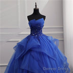 Blue Tulle Ball Gown Lace Beaded Long Quinceanera Dresses, Blue Sweet 16 Dress Wedding Party Dress