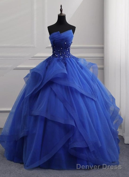 Blue Tulle Ball Gowns Lace Beaded Long Quinceanera Dress, Blue Sweet 16 Dress Wedding Prom Dresses