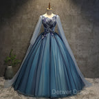 Blue Tulle Ball Gown Long Sweet 16 Dresses With Lace Applique, Prom Dresses