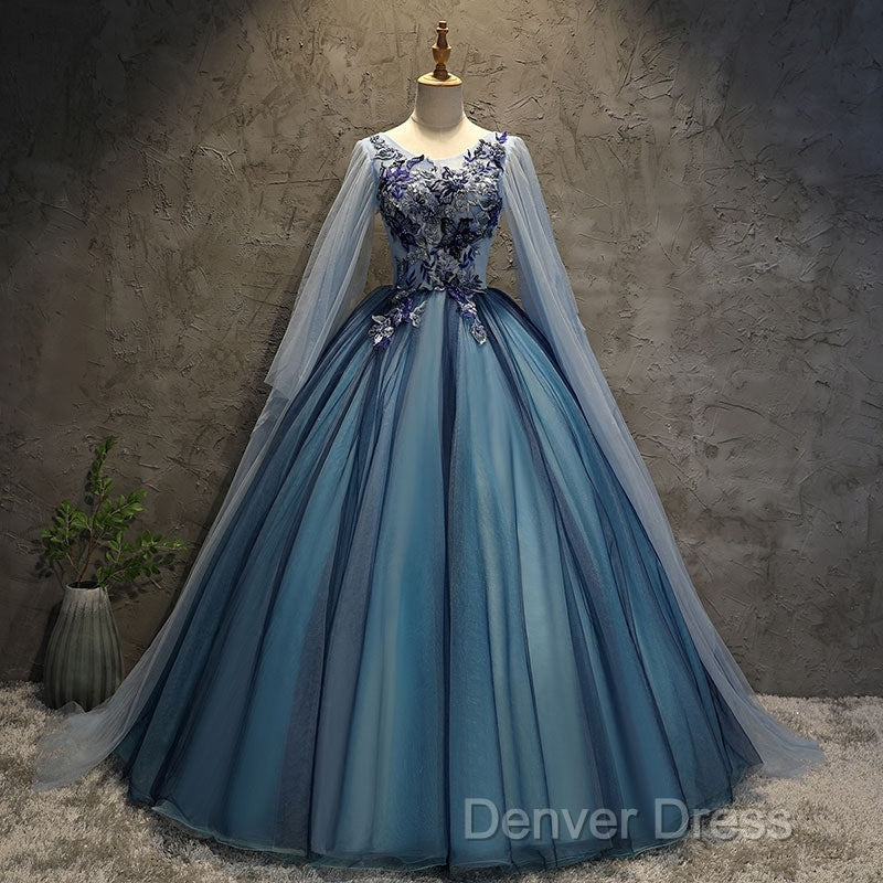 Blue Tulle Ball Gown Long Sweet 16 Dresses With Lace Applique, Prom Dresses