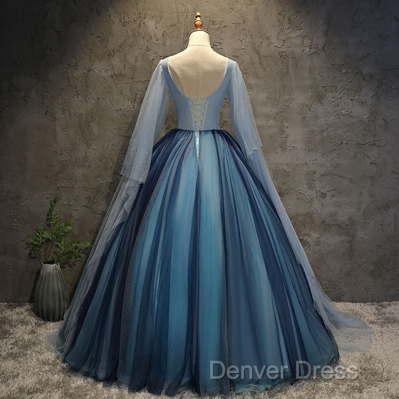 Blue Tulle Ball Gown Long Sweet 16 Dresses With Lace Applique, Prom Dresses