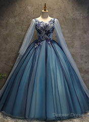 Blue Tulle Ball Gown Long Sweet 16 Dress With Lace Applique, Prom Dress
