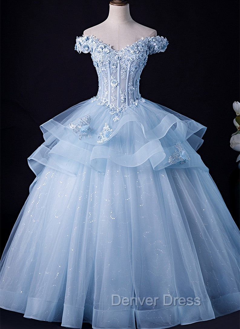 Blue Tulle Ball Gown Off Shoulder Layers Sweet 16 Dresses, Blue Formal Dresses with Lace Main image