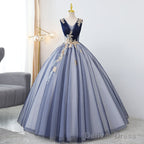 Blue Tulle Ball Gowns V Neckline Sweet 16 Dress, Blue Floor Length Prom Dresses Prom Gowns