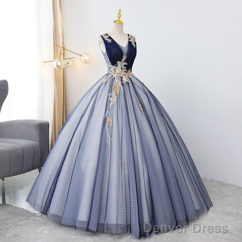 Blue Tulle Ball Gown V-Neckline Sweet 16 Dresses, Blue Floor Length Formal Dresses Evening Gown