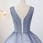 Blue Tulle Ball Gowns V Neckline Sweet 16 Dress, Blue Floor Length Prom Dresses Prom Gowns