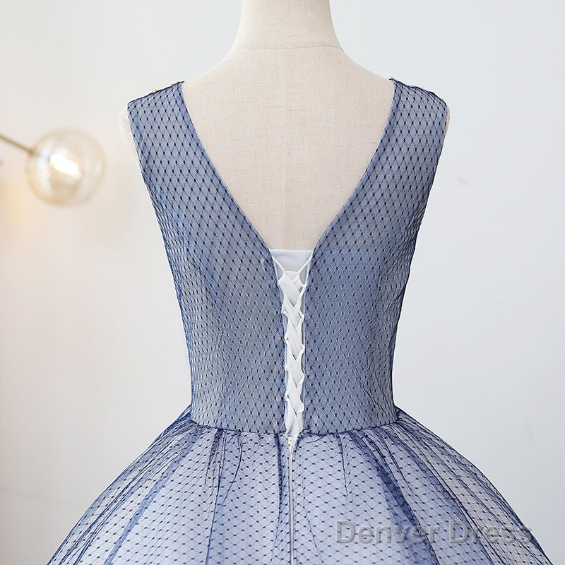 Blue Tulle Ball Gowns V Neckline Sweet 16 Dress, Blue Floor Length Prom Dresses Prom Gowns
