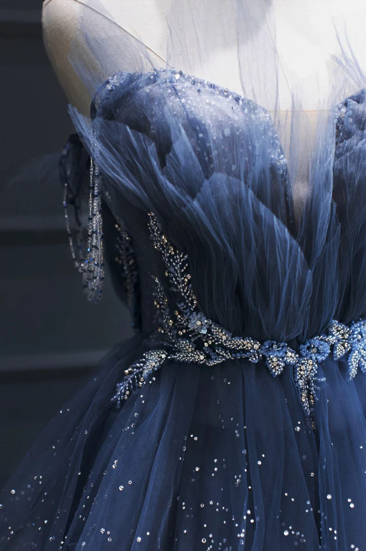 Blue Gorgeous Tulle Beaded Long A-Line Ball Gowns Prom Dresses Secondary image