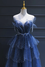 Blue Gorgeous Tulle Beaded Long A-Line Ball Gowns Prom Dresses