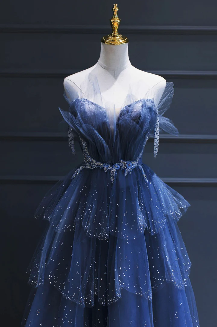 Blue Gorgeous Tulle Beaded Long A-Line Ball Gowns Prom Dresses