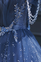 Blue Gorgeous Tulle Beaded Long A-Line Ball Gowns Prom Dresses