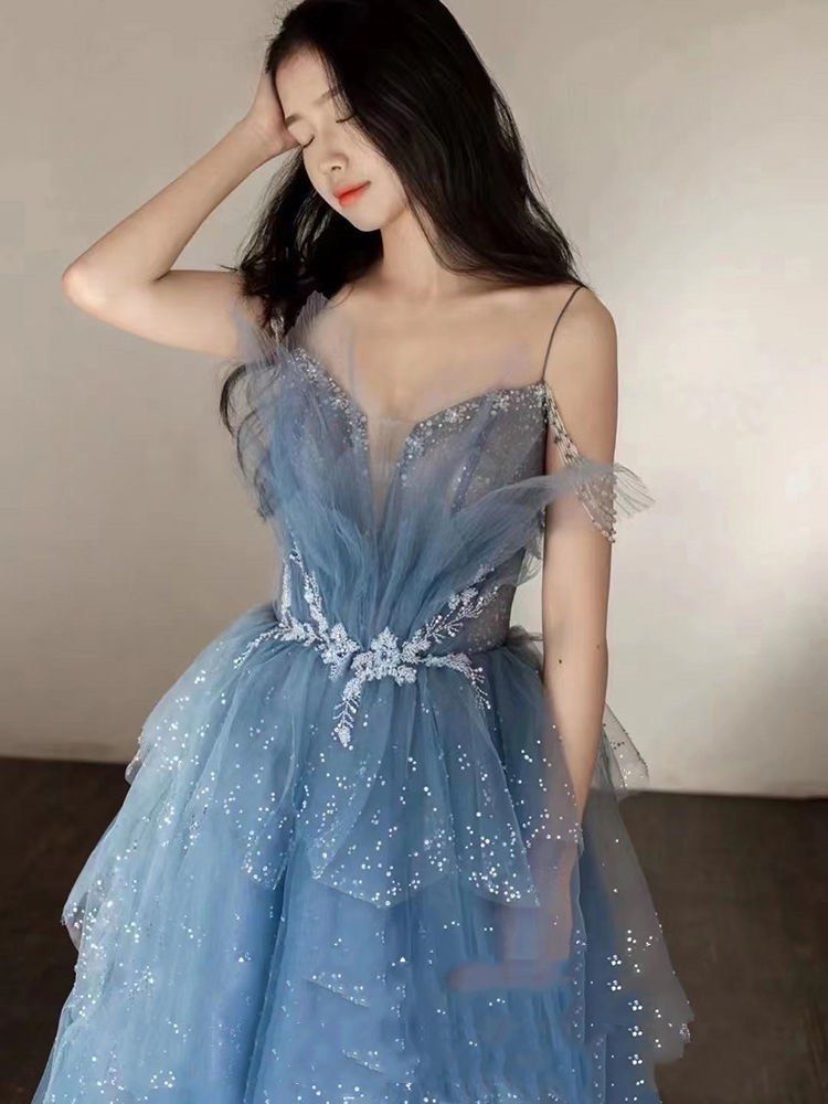 Blue Gorgeous Tulle Beaded Long A-Line Ball Gowns Prom Dresses
