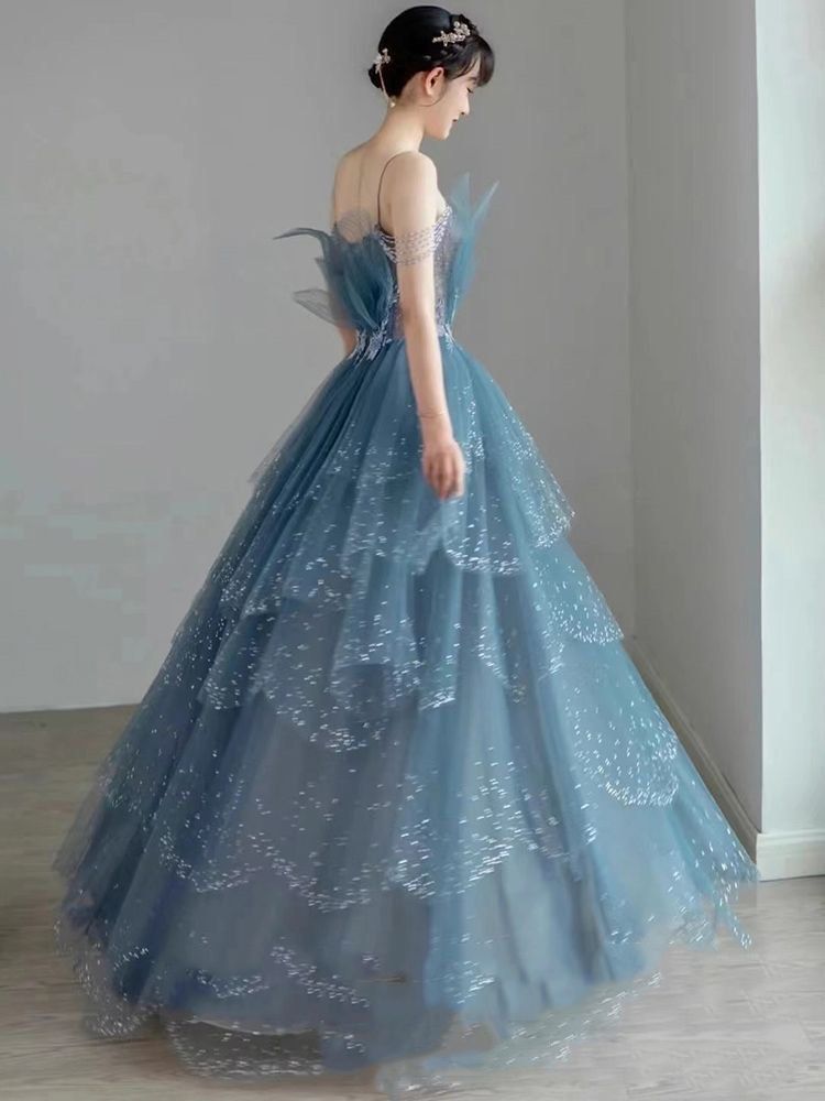 Blue Gorgeous Tulle Beaded Long A-Line Ball Gowns Prom Dresses
