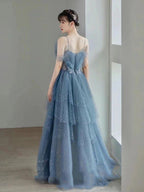 Blue Gorgeous Tulle Beaded Long A-Line Ball Gowns Prom Dresses