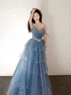 Blue Gorgeous Tulle Beaded Long A-Line Ball Gowns Prom Dresses