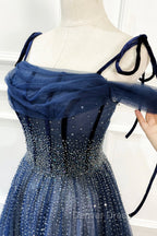 Blue Tulle Beaded Long A-Line Prom Dresses, Blue Spaghetti Straps Evening Dresses