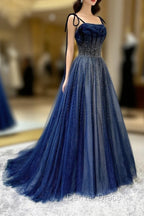 Blue Tulle Beaded Long A-Line Prom Dresses, Blue Spaghetti Straps Evening Dresses