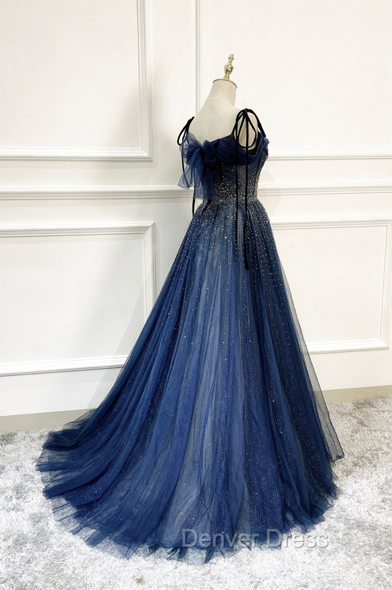 Blue Tulle Beaded Long A-Line Prom Dresses, Blue Spaghetti Straps Evening Dresses