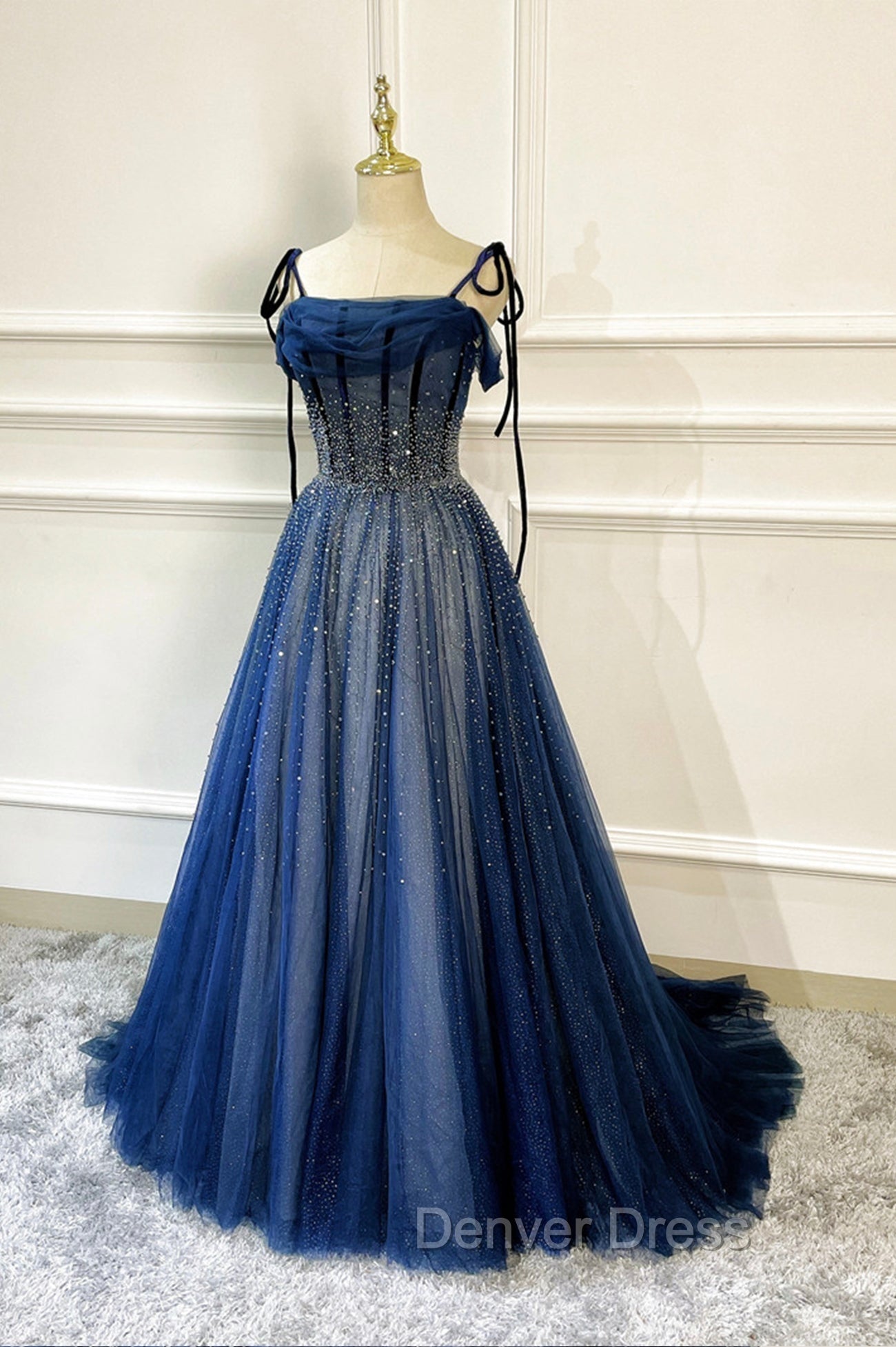 Blue Tulle Beaded Long A-Line Prom Dresses, Blue Spaghetti Straps Evening Dresses