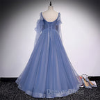 Blue Tulle Beaded Long Prom Dress Prom Dress, A Line Wedding Prom Dresses