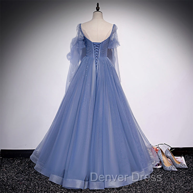 Blue Tulle Beaded Long Formal Dresses Party Dresses, A-line Wedding Party Dresses Secondary image