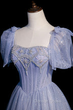 Blue Tulle Beaded Long Prom Dresses, A-Line Blue Evening Party Dresses