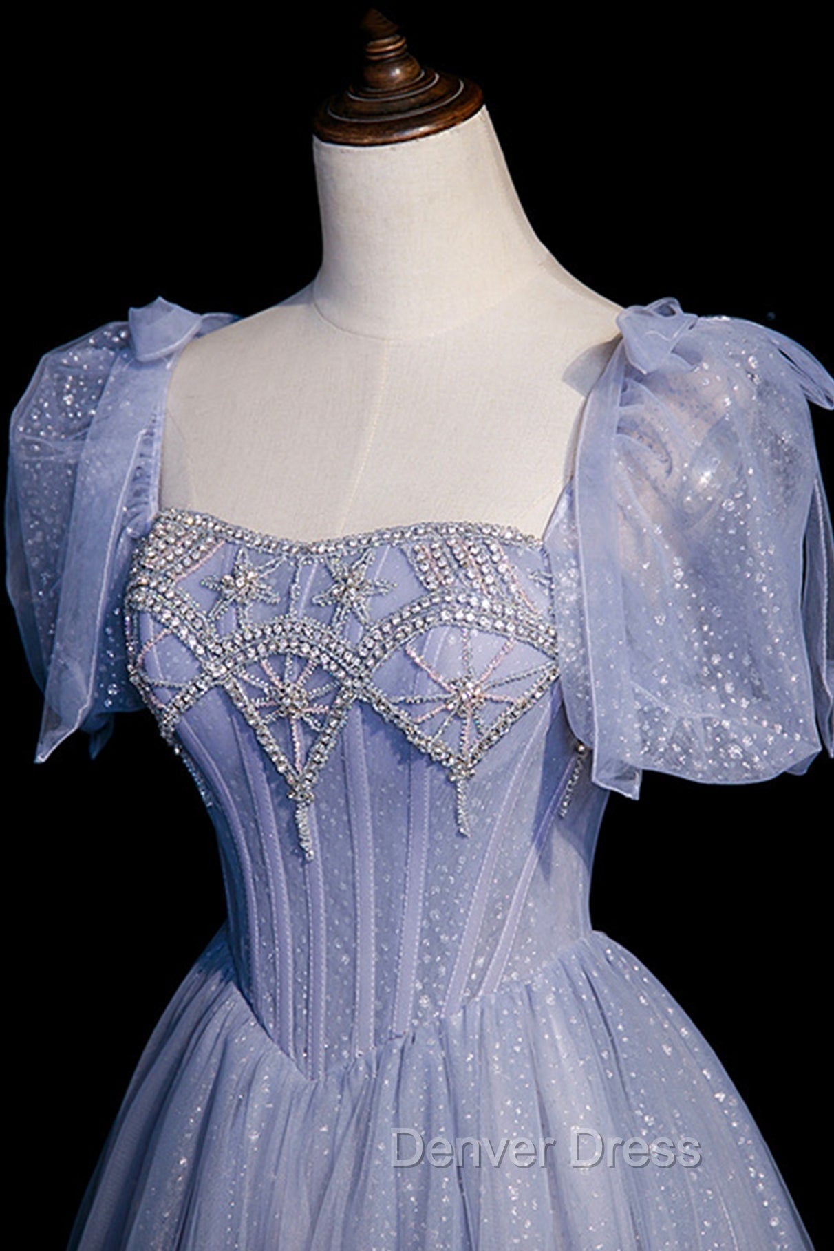 Blue Tulle Beaded Long Prom Dresses, A-Line Blue Evening Party Dresses