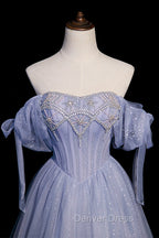 Blue Tulle Beaded Long Prom Dresses, A-Line Blue Evening Party Dresses