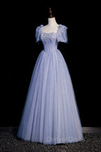 Blue Tulle Beaded Long Prom Dress, A Line Blue Prom Dresses
