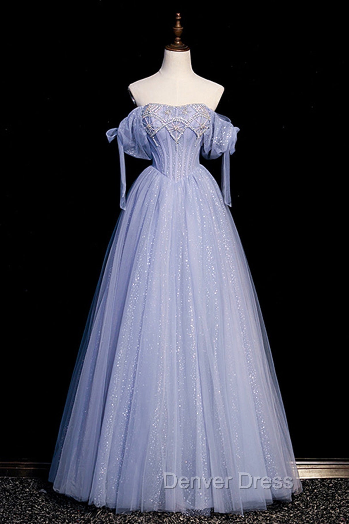 Blue Tulle Beaded Long Prom Dress, A Line Blue Prom Dresses