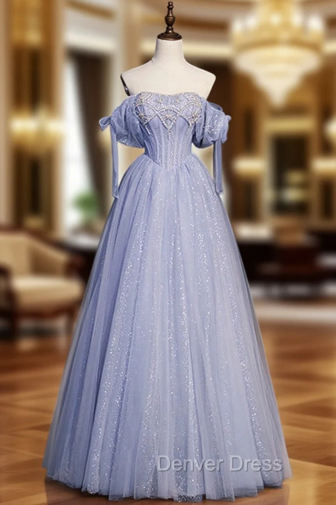 Blue Tulle Beaded Long Prom Dresses, A-Line Blue Evening Party Dresses Main image