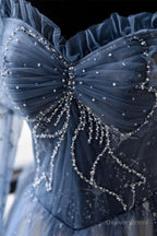 Blue Tulle Beaded Long Prom Dress, A Line Long Sleeve Prom Dresses