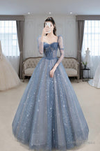 Blue Tulle Beaded Long Prom Dress, A Line Long Sleeve Prom Dresses