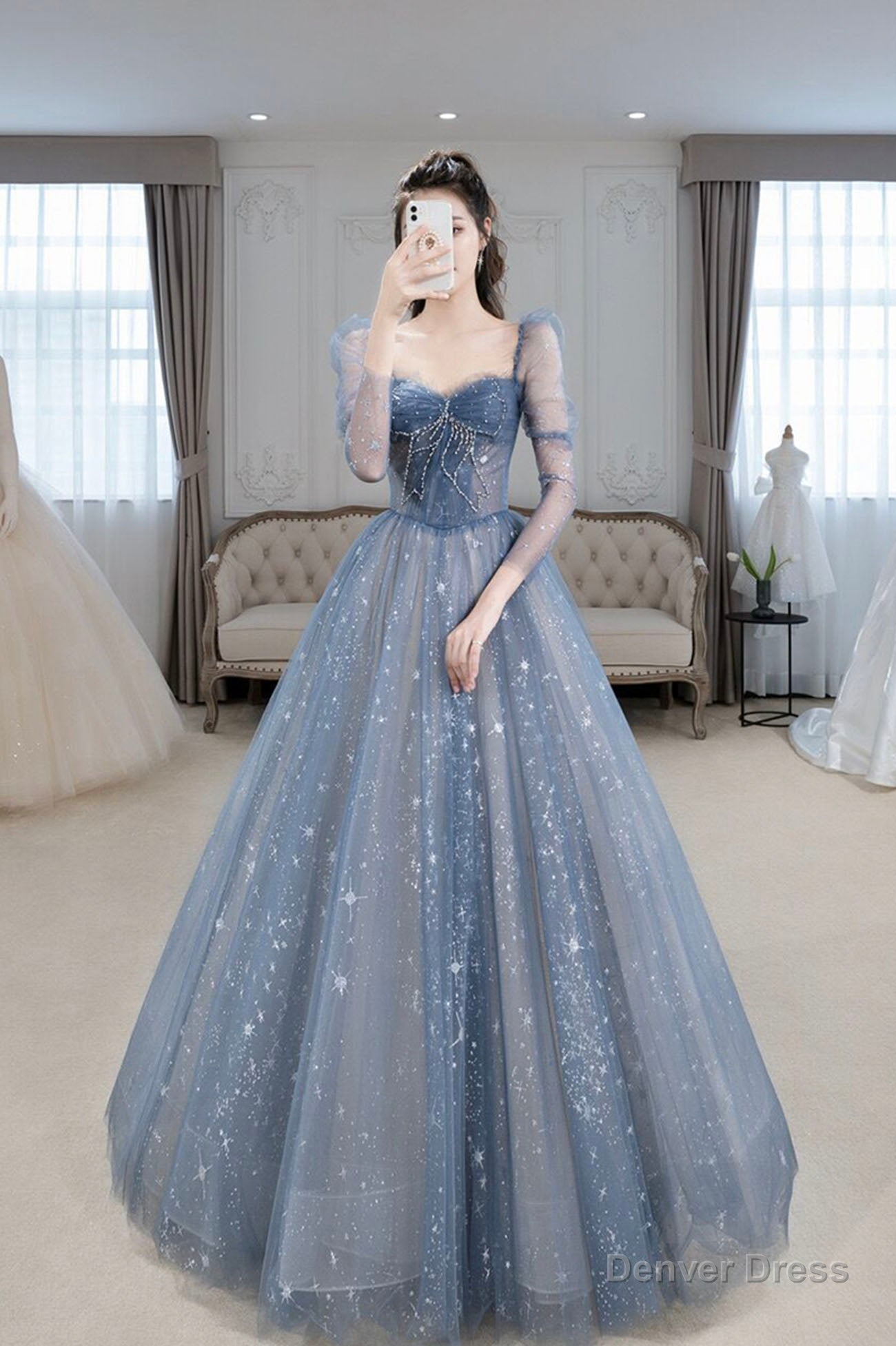 Blue Tulle Beaded Long Prom Dress, A Line Long Sleeve Prom Dresses