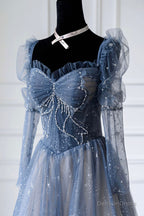 Blue Tulle Beaded Long Prom Dress, A Line Long Sleeve Prom Dresses