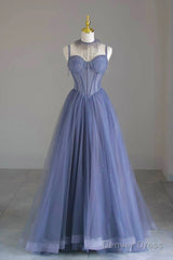 Blue Tulle Beaded Long Prom Dress, Beautiful Spaghetti Strap A-Line Evening Party Dress